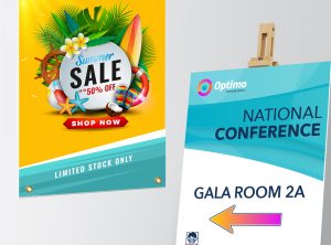 sale sign hanging with conference sign on easel